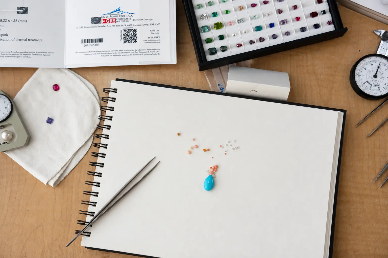 Gouache drawings, turquoises and measuring tools